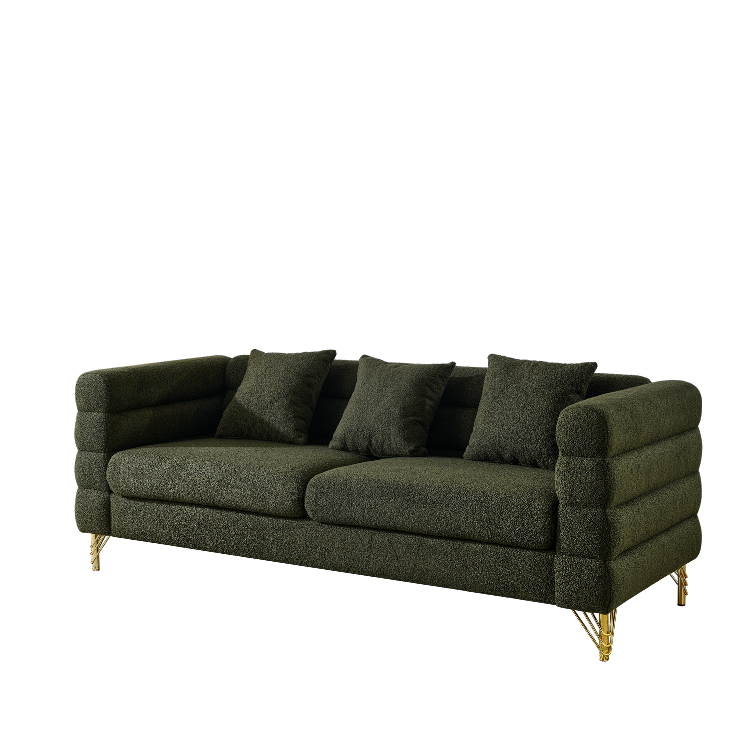 Boucle Channel-Arm Three-Seat Sofa — Olive boucle three-seater with channel arms and gold-tone legs