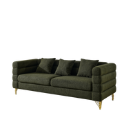 Boucle Channel-Arm Three-Seat Sofa — Olive boucle three-seater with channel arms and gold-tone legs