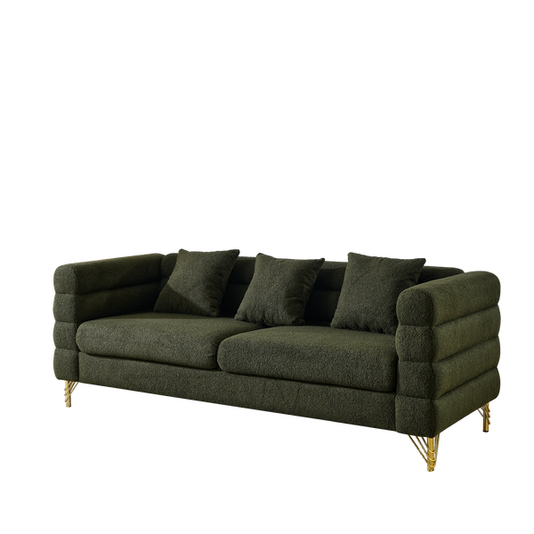 Boucle Channel-Arm Three-Seat Sofa — Olive boucle three-seater with channel arms and gold-tone legs