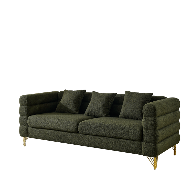 Boucle Channel-Arm Three-Seat Sofa — Olive boucle three-seater with channel arms and gold-tone legs
