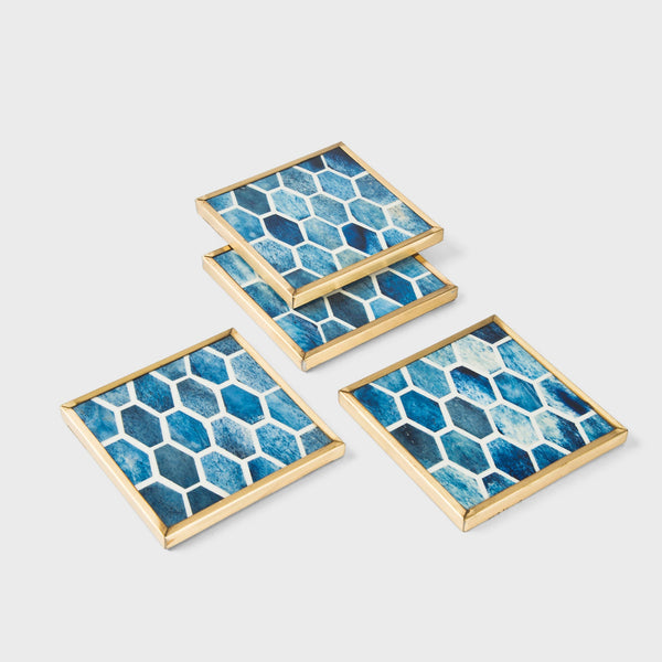 Bone Inlay Hexagon Brass Coaster Set