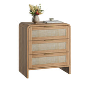 Rattan-Front Curved Nightstand Set — styled in a complete room vignette