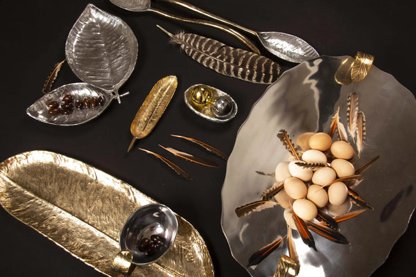 Feather-Motif Cast Metal Serving Set