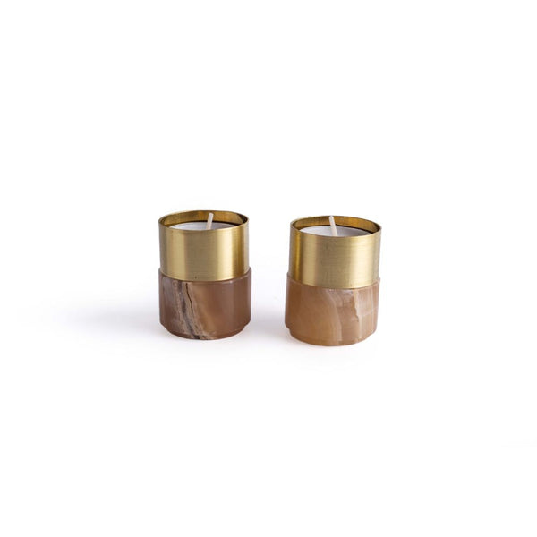 Alabaster Brass Tea-Light Candle Holder Pair