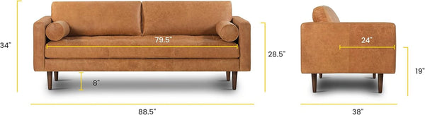 Cognac Leather Mid-Century Bolster Sofa