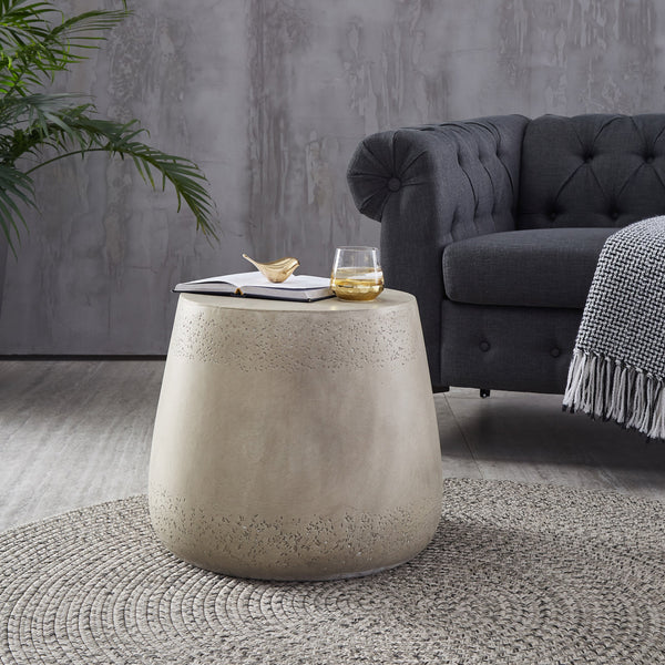Concrete Drum Side Table styled with ceramics and a linen runner