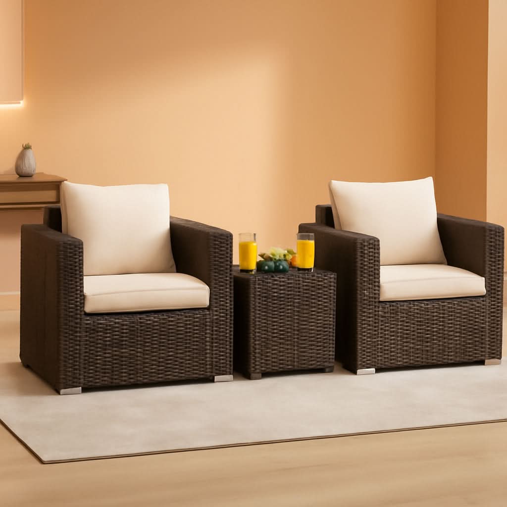 3 Piece Outdoor Patio Furniture Set Rattan Wicker With Washable Cushions And Tempered Glass Tabletop