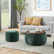 Chenille Round Storage Ottoman Coffee Table — Round chenille storage ottoman with removable wood-grain top and companion pouf