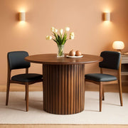 Round Walnut Dining Table 47 Inch With Wood Strip Base