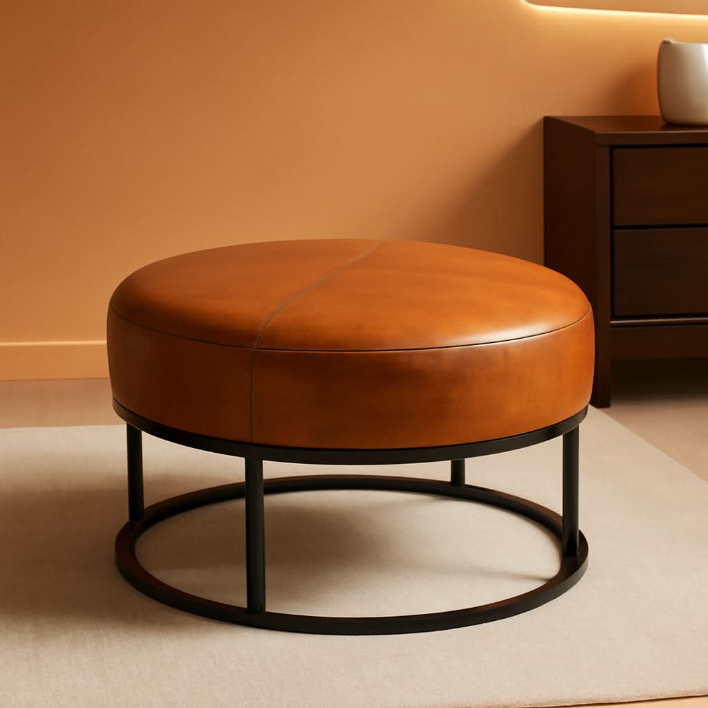 Cognac brown ottoman, round