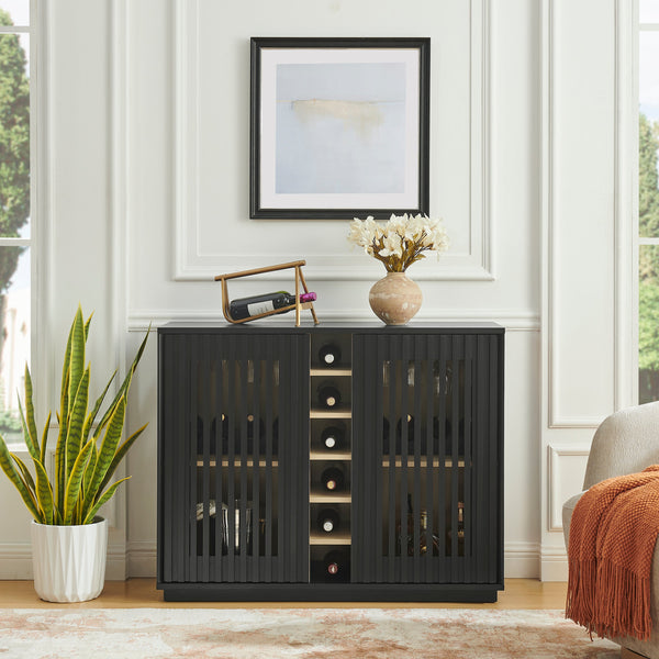 Fluted Black Wood-Grain Liquor Cabinet