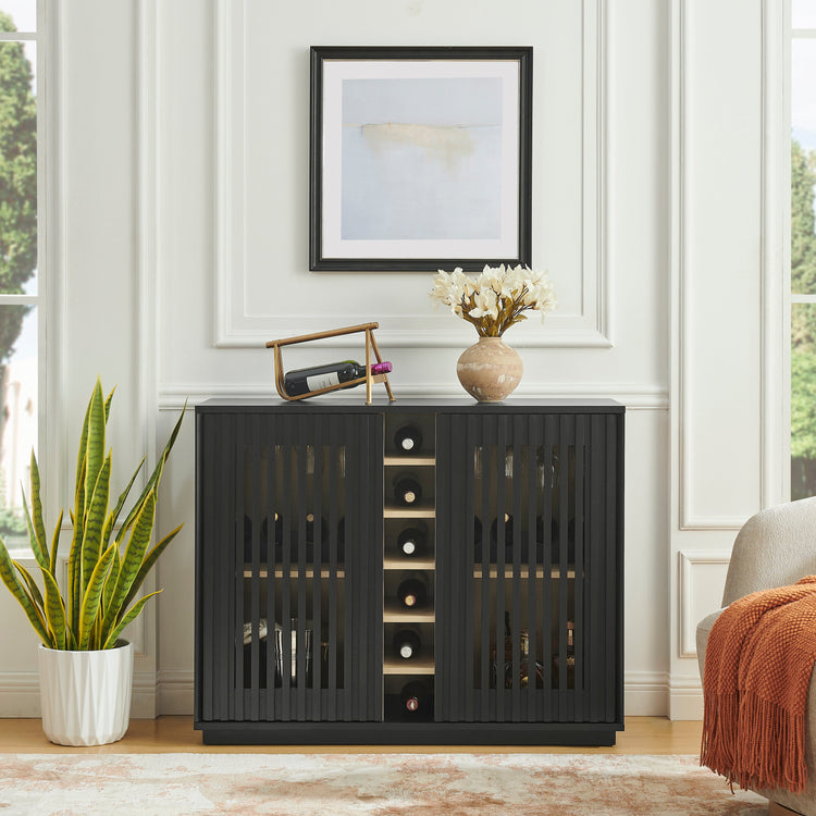 Fluted Black Wood-Grain Liquor Cabinet