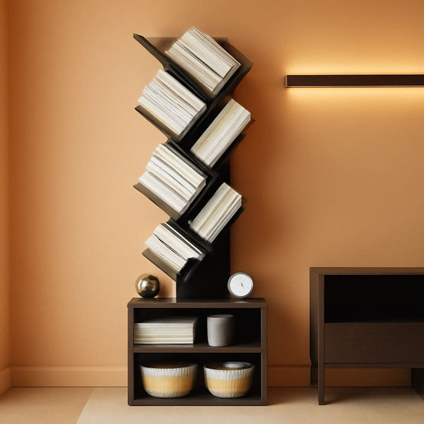 Tree-Form Six-Tier Wood-Grain Bookcase – book case, in black | Roost & Roam