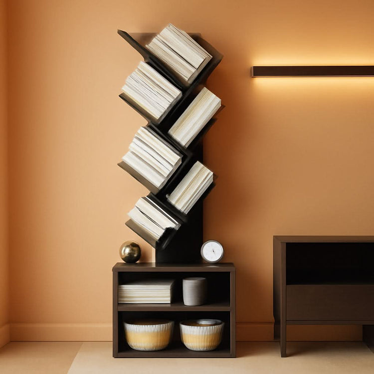 Tree-Form Six-Tier Wood-Grain Bookcase – book case, in black | Roost & Roam
