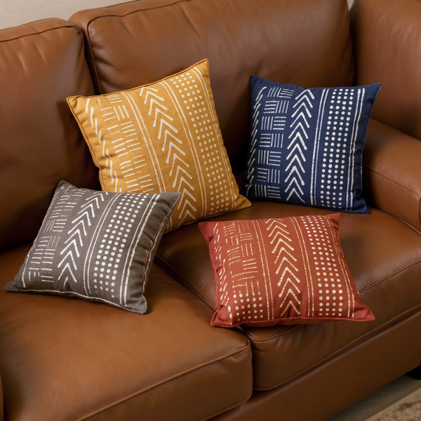 Batik Hand-Printed Cotton Throw Pillow color options styled together on coordinated seating