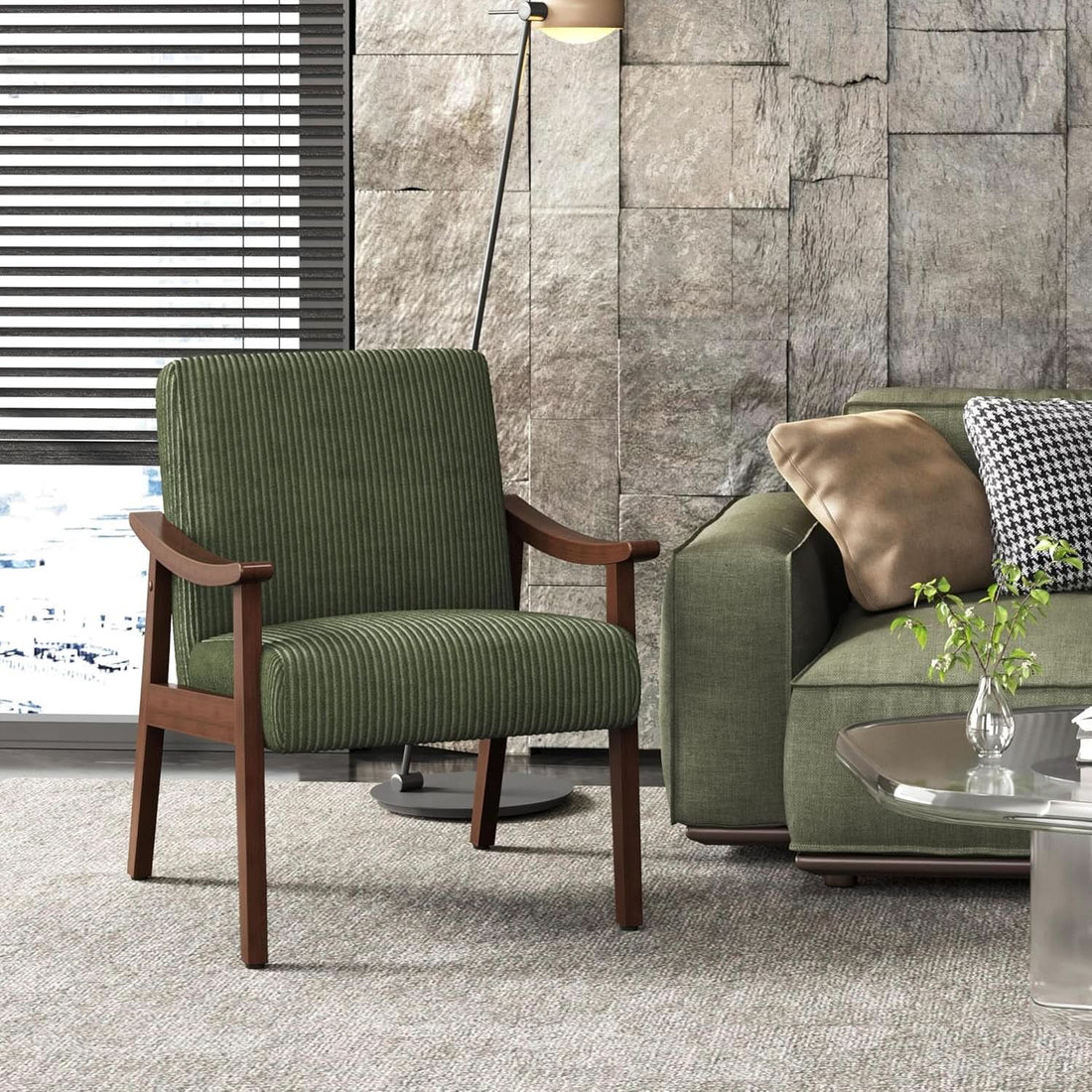 Corduroy Mid-Century Wood Accent Chair
