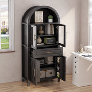 Black Arched Pantry Cabinet with Glass Doors