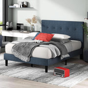 Navy Linen-Look Upholstered Platform Bed Frame