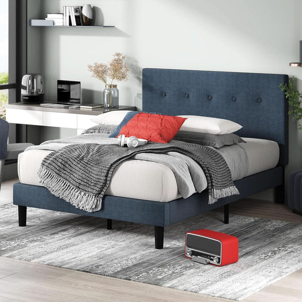 Navy Linen-Look Upholstered Platform Bed Frame