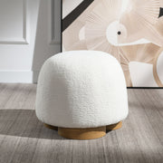 Round Bouclé Upholstered Ottoman Wood Base