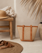 Leather Trim Cane Weave Carryall Bag
