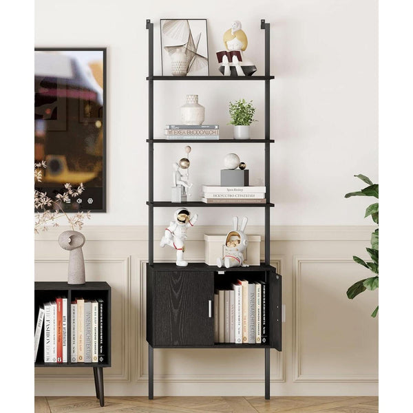 Wood-Grain Ladder Bookshelf with Cabinet – book case (view 3) | Roost & Roam