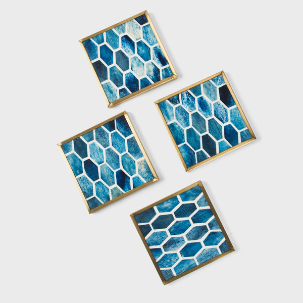 Bone Inlay Hexagon Brass Coaster Set