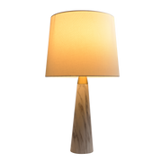 Marble-Finish Brass Accent Table Lamp styled with ceramics and a linen runner