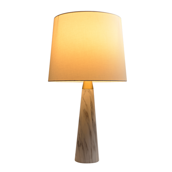 Marble-Finish Brass Accent Table Lamp styled with ceramics and a linen runner