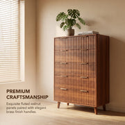 Walnut Fluted 5-Drawer Tall Dresser