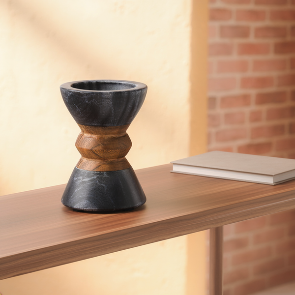 Black Marble Acacia Candleholder styled in a warm editorial loft