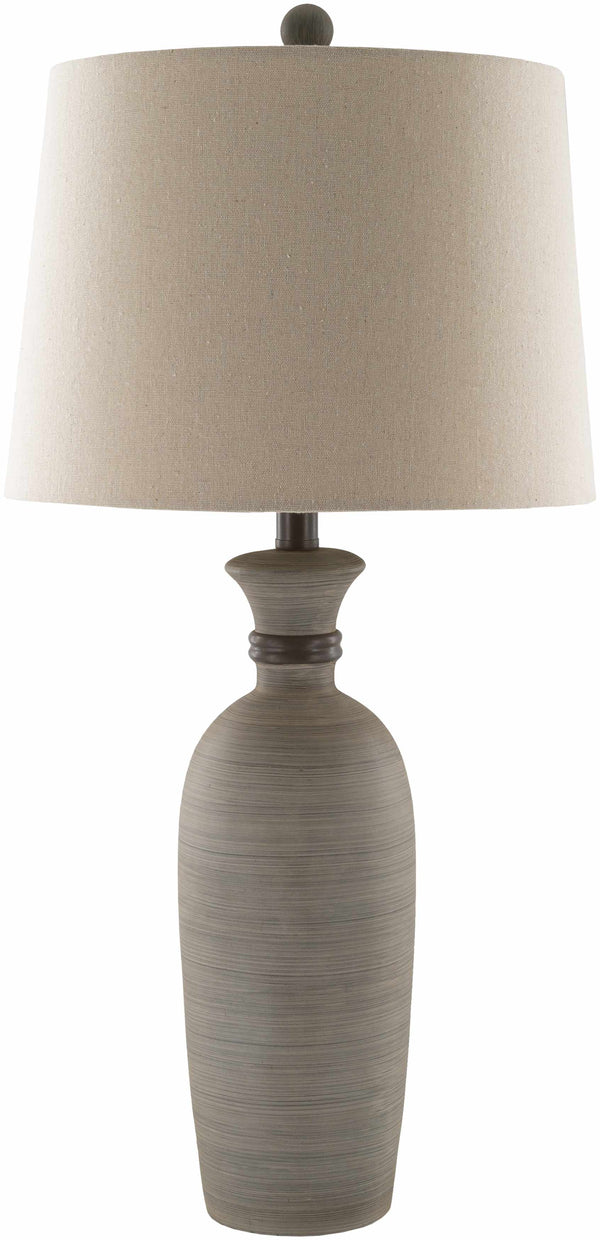 Striped Resin Table Lamp styled with ceramics and a linen runner
