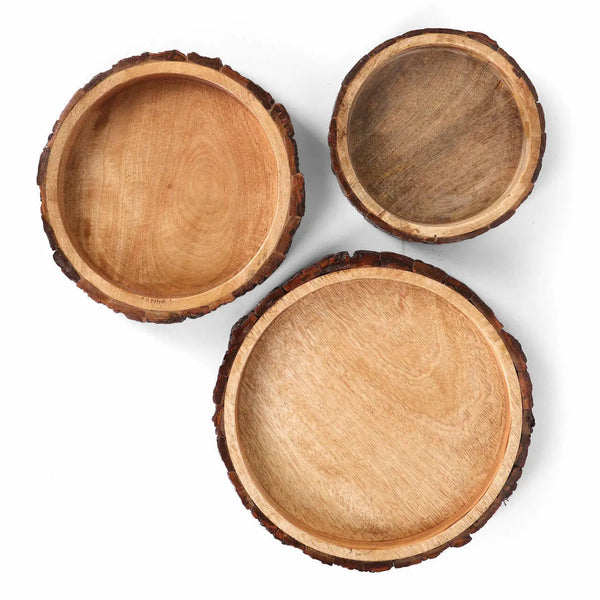 Live-Edge Mango Wood Bark Bowl Set — scale reference and proportion detail