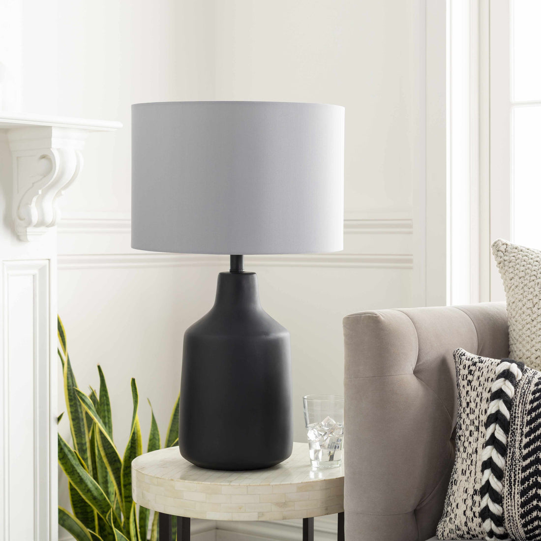 Matte Concrete Base Table Lamp — Concrete-base table lamp with grey drum shade for bedside or console