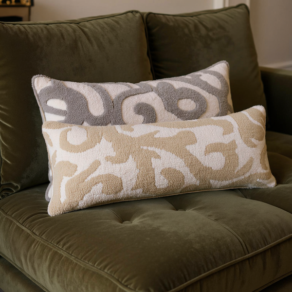 Bouclé-Finish Geometric Lumbar Pillow color options styled together on coordinated seating
