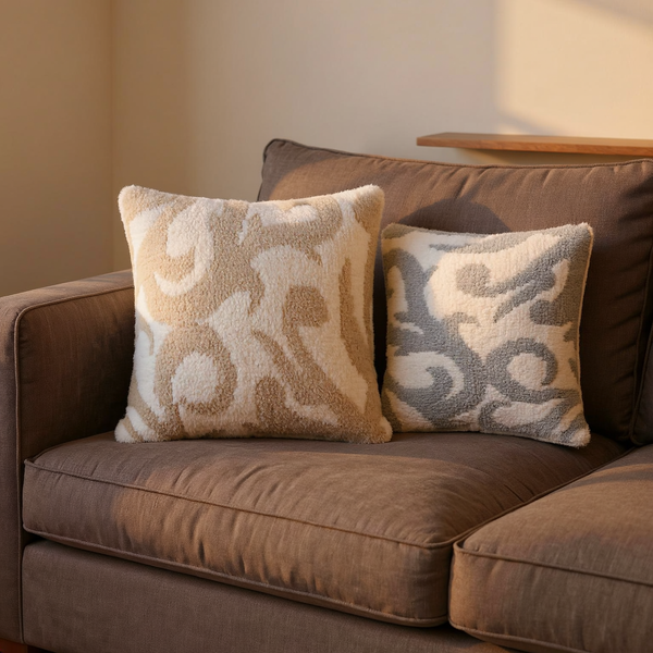 Color options for Bouclé-Finish Moroccan Pattern Pillow grouped on coordinated upholstered seating