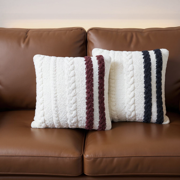 Color options for Braided Two-Stripe Soft Throw Pillow grouped on coordinated upholstered seating