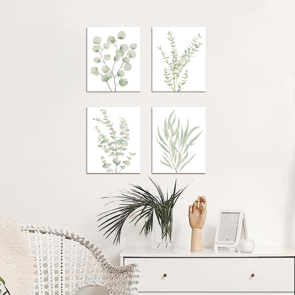 Watercolor Eucalyptus Canvas Print Set — Set of four eucalyptus watercolor canvas prints, pine-framed and ready to hang
