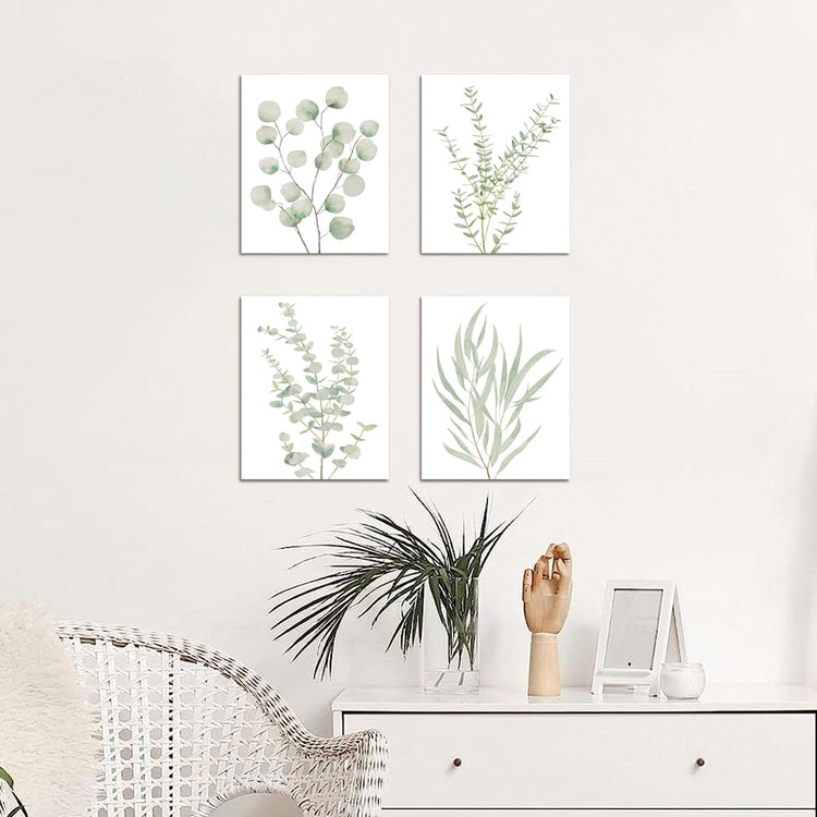 Watercolor Eucalyptus Canvas Print Set — Set of four eucalyptus watercolor canvas prints, pine-framed and ready to hang