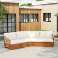 Acacia Wood V-Sectional Outdoor Sofa — Corner-set acacia sectional with cream cushions for patios and garden terraces