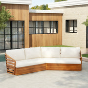 Acacia Wood V-Sectional Outdoor Sofa — Corner-set acacia sectional with cream cushions for patios and garden terraces
