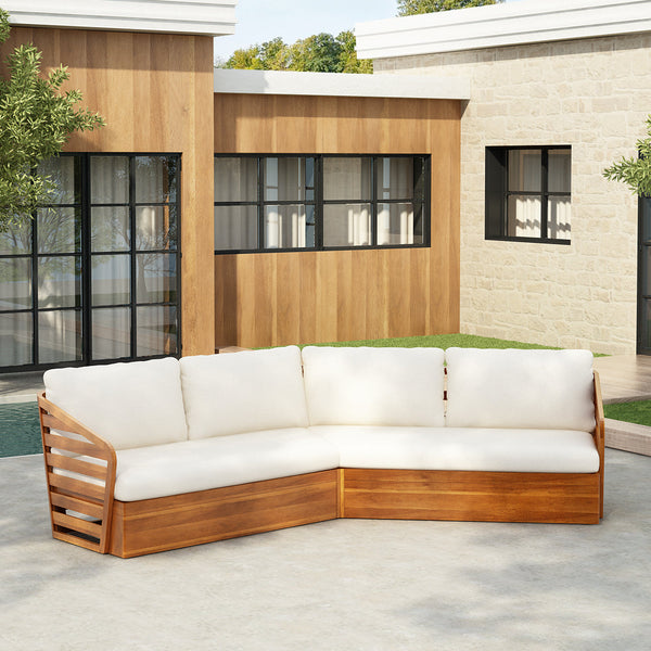 Acacia Wood V-Sectional Outdoor Sofa — Corner-set acacia sectional with cream cushions for patios and garden terraces