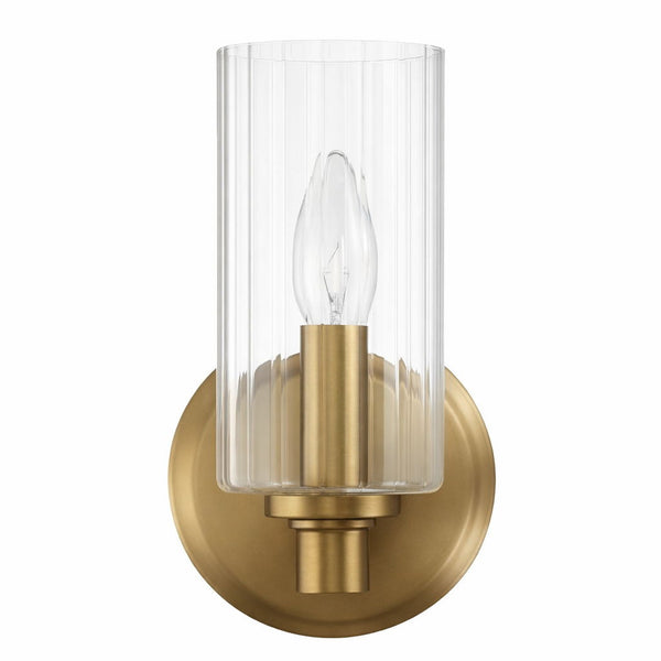 Clear Ribbed Glass Wall Sconce, Satin Brass