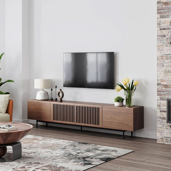 Walnut Veneer Slatted TV Stand 78-Inch