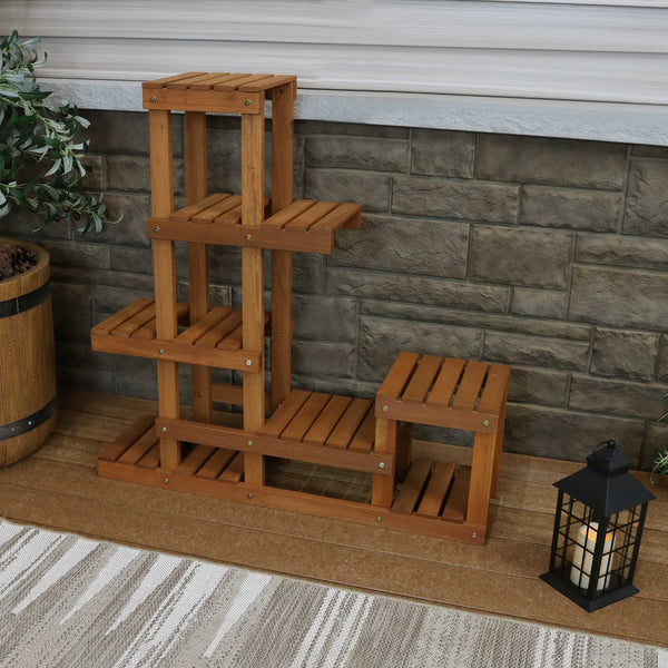Teak-Finish Meranti Wood Tiered Plant Stand