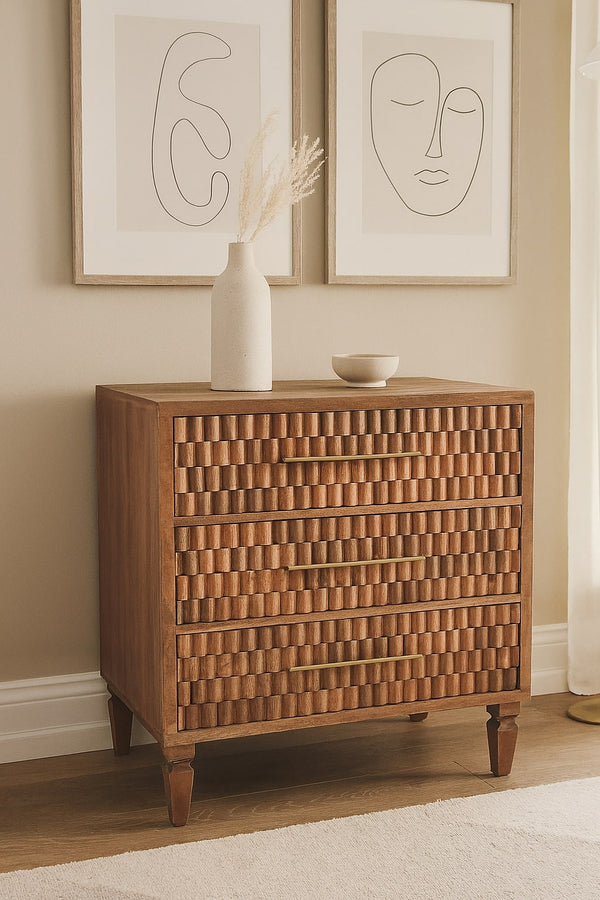 Carved Mango Wood Three-Drawer Chest