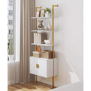White Oak & Gold Ladder Bookshelf with Cabinet, 5-Tier