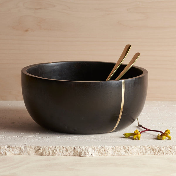 Dark Wood Brass-Inlay Serving Bowl