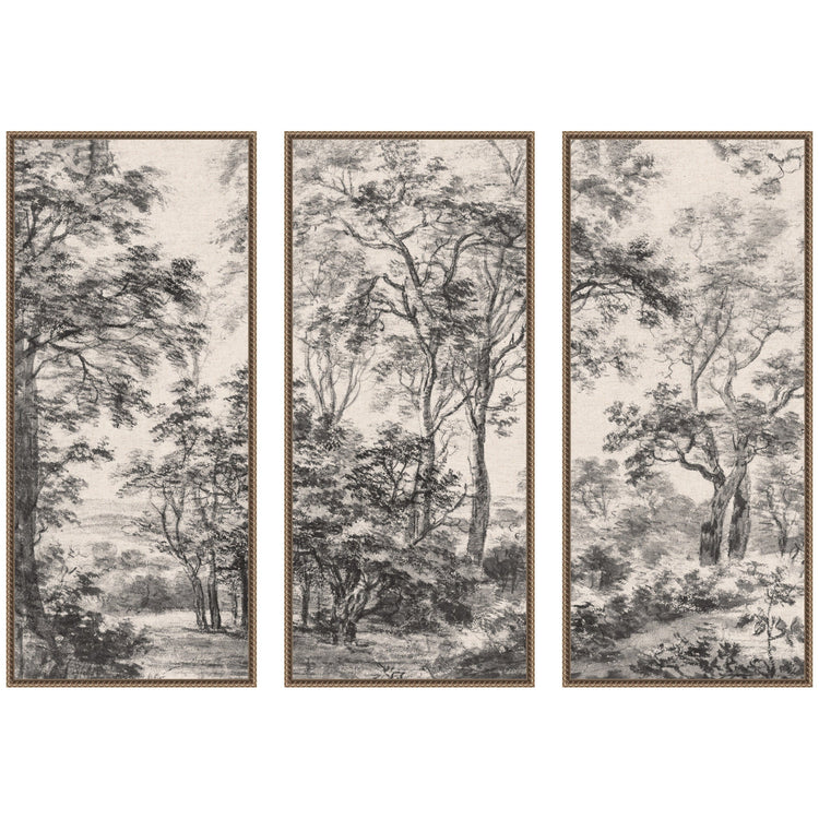 Antonie Waterloo Woodland Triptych Canvas Set — Three-panel woodland canvas set in hand-finished frames, framed in Wisconsin