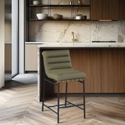 Olive Vegan Leather Channel-Tufted Counter Stool